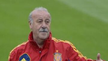 Spain&#039;s national football team Spanish headcoach Vicente Del Bosque gestures during a training session in Gniewino on June 8, 2012, few hours before the Euro 2012 football championships opening. AFP PHOTO/ PIERRE -PHILIPPE MARCOU