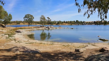 Panoramic of the proserpina reservoir, reservoir beach