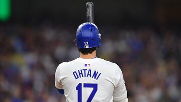 May 22, 2024; Los Angeles, California, USA; Los Angeles Dodgers designated hitter Shohei Ohtani (17) on deck before hitting against the Arizona Diamondbacks during the fifth inning at Dodger Stadium. Mandatory Credit: Gary A. Vasquez-USA TODAY Sports