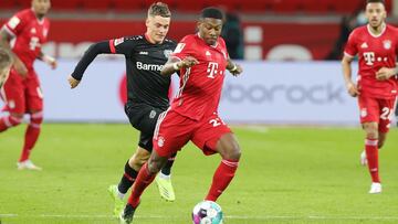 David Alaba of Bayern Munich and Florian Wirtz of Bayer 04 Leverkusen during the German championship Bundesliga football match between Bayer 04 Leverkusen and Bayern Munich on December 19, 2020 at BayArena in Leverkusen, Germany - Photo Ralf Ibing / firo
