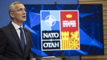 BRUSSELS, BELGIUM - JUNE 27: (----EDITORIAL USE ONLY MANDATORY CREDIT - "NATO POOL" - NO MARKETING NO ADVERTISING CAMPAIGNS - DISTRIBUTED AS A SERVICE TO CLIENTS----) North Atlantic Treaty Organization (NATO) Secretary General Jens Stoltenberg holds a news conference holds a press conference ahead of the NATO leaders summit which will be held in Spain's capital Madrid, at NATO Headquarters in Brussels, Belgium on June 27, 2022. (Photo by NATO / POOL/Anadolu Agency via Getty Images)