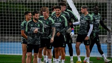 Los jugadores del Real Madrid, durante su último entrenamiento en Valdebebas.