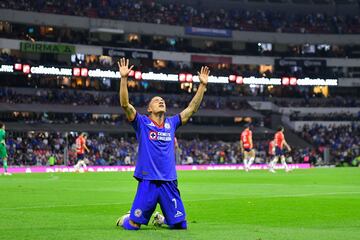    Uriel Antuna celebrates his goal 3-0 of Cruz Azul during the 10th round match between Cruz Azul and Guadalajara as part of the Torneo Clausura 2024 Liga BBVA MX at Azteca Stadium on March 02, 2024 in Mexico City, Mexico.