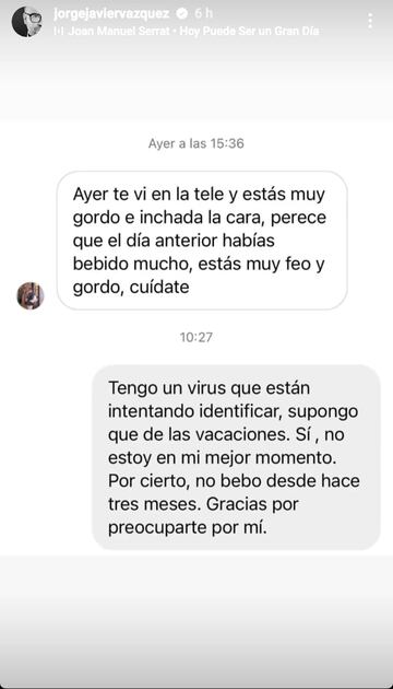 Preocupación por el estado de salud de Jorge Javier Vázquez: “No estoy en mi mejor momento”. INSTAGRAM