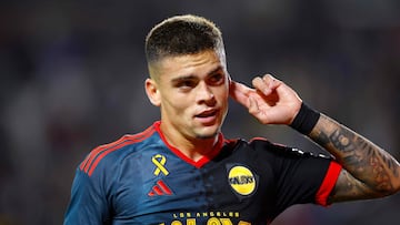 CARSON, CALIFORNIA - SEPTEMBER 21: Gabriel Pec #11 of Los Angeles Galaxy celebrates a goal against the Vancouver Whitecaps in the first half at Dignity Health Sports Park on September 21, 2024 in Carson, California. Ronald Martinez/Getty Images/AFP (Photo by RONALD MARTINEZ / GETTY IMAGES NORTH AMERICA / Getty Images via AFP)