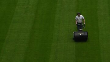 Un jardinero, cuidando del césped del estadio.