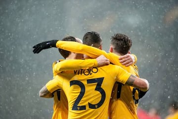 Atlético Madrid's players celebrate their fourth goal in Copenhagen.