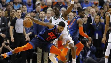 Jan 27, 2019; Oklahoma City, OK, USA; Oklahoma City Thunder forward Paul George (13) drives to the basket as Milwaukee Bucks guard Tony Snell (21) defends during the second half at Chesapeake Energy Arena. Oklahoma City won 118-112. Mandatory Credit: Alonzo Adams-USA TODAY Sports