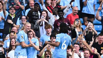 Manchester City's Norwegian striker #09 Erling Haaland celebrates scoring his team fifth goal during the English Premier League football match between Manchester City and Fulham at the Etihad Stadium in Manchester, north west England, on September 2, 2023. (Photo by Oli SCARFF / AFP) / RESTRICTED TO EDITORIAL USE. No use with unauthorized audio, video, data, fixture lists, club/league logos or 'live' services. Online in-match use limited to 120 images. An additional 40 images may be used in extra time. No video emulation. Social media in-match use limited to 120 images. An additional 40 images may be used in extra time. No use in betting publications, games or single club/league/player publications. /