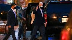 U.S. President Joe Biden gives a thumbs up regarding former Sen. Bob Dole as he walks out from Holy Trinity Catholic Church in the Georgetown neighborhood of Washington, D.C., U.S. February 20, 2021. Biden visited Dole just before going to mass. REUTERS/K