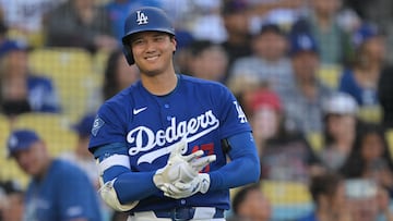 Mar 24, 2026; Los Angeles, California, USA; Los Angeles Dodgers two-way player Shohei Ohtani (17) on deck in the fourth against the Los Angeles Angels at Dodger Stadium. Mandatory Credit: Jayne Kamin-Oncea-Imagn Images