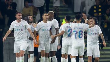 Nassr's players celebrate their goal during the Saudi Pro League football match