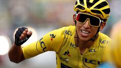 FILE PHOTO: Cycling - Tour de France - The 59.5-km Stage 20 from Albertville to Val Thorens - July 27, 2019 - Team INEOS rider Egan Bernal of Colombia celebrates as he finishes.  REUTERS/Christian Hartmann/File Photo