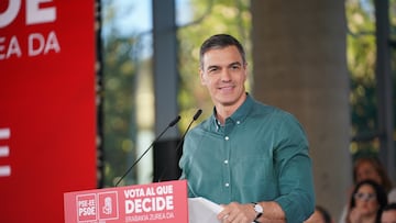 El presidente del Gobierno, Pedro Sánchez, durante el acto de cierre de campaña del partido, en el Palacio Euskalduna, a 19 de abril de 2024, en Bilbao, Vizcaya, País Vasco (España). Sánchez se ha trasladado al País Vasco por tercera vez durante esta campaña electoral para acompañar en el cierre de la misma en Bilbao, al candidato del Partido Socialista a lehendakari para las elecciones autonómicas vascas que se celebrarán el próximo 21 de abril.
19 ABRIL 2024;EUSKADI;VOTACIONES;CAMPAÑA;MITIN;PARLAMENTO VASCO;COMICIOS;21A;ELECCIONES;ELECCIONES VASCAS
Iñaki Berasaluce / Europa Press
19/04/2024