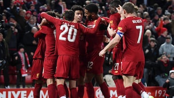 LIVERPOOL, ENGLAND - OCTOBER 30: Divock Origi of Liverpool celebrates after scoring his team's fifth goal with his team mates during the Carabao Cup Round of 16 match between Liverpool and Arsenal at Anfield on October 30, 2019 in Liverpool, England.
