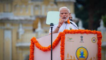 MYSURU, INDIA - JUNE 21: Indian Prime Minister Narendra Modi addresses a gathering in front of the Mysore Palace during the International Day of Yoga celebrations, on June 21, 2022 in Mysuru, India. (Photo by Abhishek Chinnappa/Getty Images)