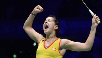 Carolina Marin celebrates her European title win.