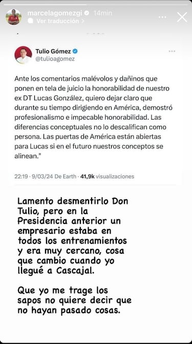 Marcela Gómez desmiente a Tulio por salida de Lucas González de América