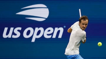 Aug 29, 2024; Flushing, NY, USA; Daniil Medvedev hits a backhand against Fabian Marozsan (HUN)(not pictured) in a men's singles match on day four of the 2024 U.S. Open tennis tournament at Billie Jean King National Tennis Center. Mandatory Credit: Geoff Burke-USA TODAY Sports