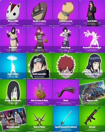 Todos los objetos de Orochimaru, Gaara, Hinata Hyuga e Itachi Uchiha en Fortnite