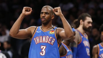 Jan 7, 2020; Brooklyn, New York, USA; Oklahoma City Thunder guard Chris Paul (3) reacts in the fourth quarter against the Brooklyn Nets at Barclays Center. Mandatory Credit: Nicole Sweet-USA TODAY Sports
