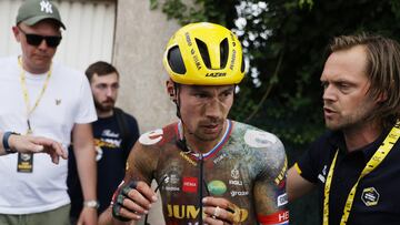 Wallers-arenberg (France), 06/07/2022.- Slovenian rider Primoz Roglic of Jumbo Visma crashes and fall during the 5th stage of the Tour de France 2022 over 157km from Lille to Arenberg Porte de Hainaut, Wallers-Arenberg, France, 06 July 2022. (Ciclismo, Francia, Eslovenia) EFE/EPA/GUILLAUME HORCAJUELO
