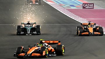 George Russell (Mercedes W15), Lando Norris y Oscar Piastri (McLaren MCL38). Losail, Qatar. F1 2024.