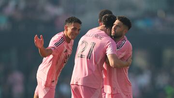 Mar 9, 2025; Fort Lauderdale, Florida, USA; Inter Miami CF forward Tadeo Allende (21) celebrates with midfielder Yannick Bright (42) and defender Jordi Alba (18) after scoring against Charlotte FC during the second half at Chase Stadium. Mandatory Credit: Sam Navarro-Imagn Images