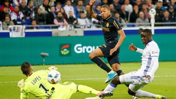 Football Soccer - Olympique Lyon v Monaco - French Ligue 1 - Stade de Lyon – Decines, France - 23/4/2017 Monaco's Kylian Mbappe scoring. REUTERS/Robert Pratta