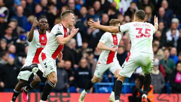 LONDON, ENGLAND - FEBRUARY 18: James Ward-Prowse of Southampton celebrates scoring the opening goal during the Premier League match between Chelsea FC and Southampton FC at Stamford Bridge on February 18, 2023 in London, United Kingdom. (Photo by Craig Mercer/MB Media/Getty Images)