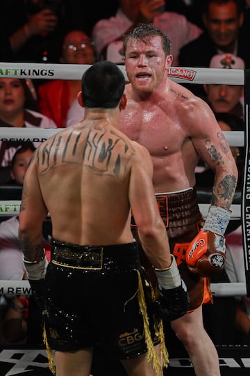 Saul -Canelo- Alvarez of Mexico during the Fight for the undisputed for the WBC, WBO and WBA super middleweight world titles against Edgar Berlanga of USA, at T-Mobile Arena, on September 14, 2024, in Las Vegas, Nevada, United States.