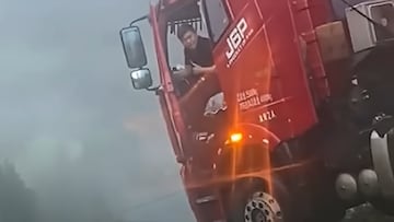 Astonishing footage shows a man yelling for help as his vehicle was left hanging from a collapse bridge in Guizhou in southern China.
