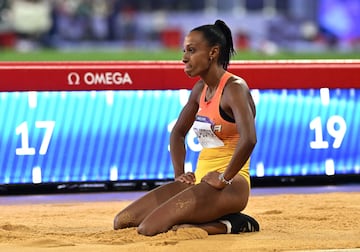 Ana Peleteiro, tras un intento en la final de triple salto. 