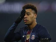 Paris (France), 04/01/2026.- Desire Doue of PSG reacts during the French Ligue 1 soccer match between Paris Saint Germain and Paris FC in Paris, France, 04 January 2026. (Francia) EFE/EPA/YOAN VALAT
