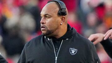 Nov 29, 2024; Kansas City, Missouri, USA; Las Vegas Raiders head coach Antonio Pierce watches play against the Kansas City Chiefs during the second half at GEHA Field at Arrowhead Stadium. Mandatory Credit: Denny Medley-Imagn Images