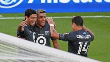 Aug 10, 2022; Saint Paul, MN, USA; MLS forward Carlos Vela (11) of LAFC (left) celebrates after scoring a goal against Liga MX with defender Julian Araujo (4) of LA Galaxy and forward Javier Hernandez (14) of LA Galaxy during the first half of the 2022 MLS All-Star Game at Allianz Field. Mandatory Credit: Matt Blewett-USA TODAY Sports