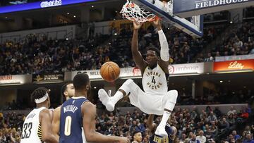 Dec 10, 2017; Indianapolis, IN, USA; Indiana Pacers guard Victor Oladipo (4) dunks against the Denver Nuggets during the 3rd quarter at Bankers Life Fieldhouse. Mandatory Credit: Brian Spurlock-USA TODAY Sports