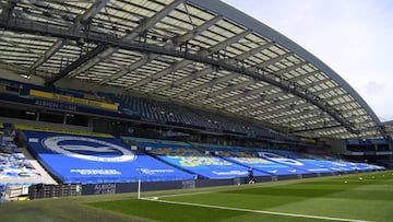 BRIGHTON, ENGLAND - JUNE 20: General view inside the stadium prior to the Premier League match between Brighton &amp; Hove Albion and Arsenal FC at American Express Community Stadium on June 20, 2020 in Brighton, England. Football Stadiums around Europe r