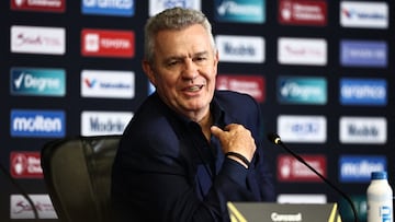 Jul 6, 2025; Houston, Texas, USA; Mexico head coach Javier Aguirre speaks to the media after defeating the United States during the 2025 Gold Cup Final at NRG Stadium. Mandatory Credit: Kevin Jairaj-Imagn Images