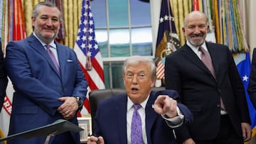 U.S. President Donald Trump points his finger as he signs an executive order on AI next to U.S. Senate Commerce Committee Chairman Ted Cruz (R-TX) and U.S. Commerce Secretary Howard Lutnick, in the Oval Office at the White House in Washington, D.C., U.S. December 11, 2025. REUTERS/Al Drago