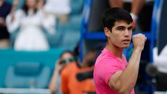 Mar 24, 2023; Miami, Florida, US; Carlos Alcaraz (ESP) celebrates after his match against Facundo Bagnis (ARG) (not pictured) on day five of the Miami Open at Hard Rock Stadium. Mandatory Credit: Geoff Burke-USA TODAY Sports