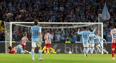 Mingueza centró desde la derecha, Borja Iglesias remató, Oblak desvió el balón y este quedó suelto sobre la línea de gol, donde Iago apareció para empujarlo al fondo de la red.