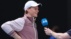 Italy's Jannik Sinner speaks after victory against Serbia's Novak Djokovic during their men's singles semi-final match on day 13 of the Australian Open tennis tournament in Melbourne on January 26, 2024. (Photo by David GRAY / AFP) / -- IMAGE RESTRICTED TO EDITORIAL USE - STRICTLY NO COMMERCIAL USE --