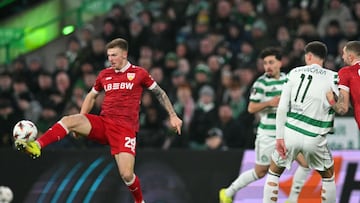 Stuttgart's German defender #29 Finn Jeltsch controls the ball during the UEFA Europa League knockout round playoff, 1st leg football match between Celtic and Stuttgart at Celtic Park in Glasgow on February 19, 2026. (Photo by ANDY BUCHANAN / AFP)