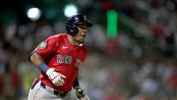 SANTO DOMINGO, DOMINICAN REPUBLIC - MARCH 09: Enmanuel Valdez #47 of the Boston Red Sox reacts after hitting a one run home run during the sixth inning against the Tampa Bay Rays at Estadio Quisqueya on March 09, 2024 in Santo Domingo, Dominican Republic.   Bryan M. Bennett/Getty Images/AFP (Photo by Bryan M. Bennett / GETTY IMAGES NORTH AMERICA / Getty Images via AFP)