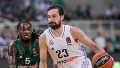 ATHENS, GREECE - OCTOBER 06: Paris Lee, #5 of Panathinaikos BC Athens competes with Sergio Llull, #23 of Real Madrid during the 2022/2023 Turkish Airlines EuroLeague Regular Season Round 1 match between Panathinaikos Athens and Real Madrid at OAKA on October 06, 2022 in Athens, Greece. (Photo by Panagiotis Moschandreou/Euroleague Basketball via Getty Images)