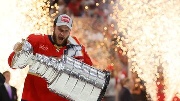 Jun 24, 2024; Sunrise, Florida, USA; Florida Panthers forward Aleksander Barkov (16) hoists the Stanley Cup  after defeating the Edmonton Oilers in game seven of the 2024 Stanley Cup Final at Amerant Bank Arena. Mandatory Credit: Sam Navarro-USA TODAY Sports
