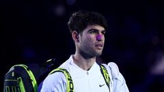 Why is Carlos Alcaraz wearing a nasal strip against Andrey Rublev in the ATP Finals?