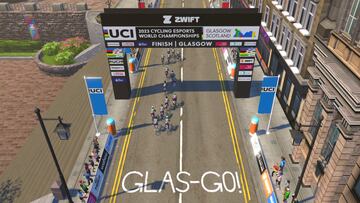 Imagen de un recorrido de ciclismo virtual en Zwift recreando el centro de Glasgow.