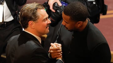 Michael B. Jordan and Leonardo DiCaprio speak after the Oscars show at the 98th Academy Awards in Hollywood, Los Angeles, California, U.S., March 15, 2026. REUTERS/Mike Blake